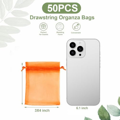 Kelfuoya 50Pcs Organza Drawstring Pouches, Orange 3"×4" Sheer Gift Bags - color: Orange-3"x4"
