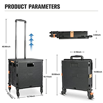 Foldable Utility Cart,Rolling Crate Heavy Duty Shopping Cart with 360° Silent Wheel with Brake System,55L Capacity,Transport Weight up to 177 Pounds,Travel Shopping Moving Luggage Office Use - color: Black&blue Lid