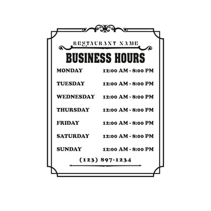Personalized Business Hours Decal for Storefront, Glass Door & Window Sign - color: DES-9