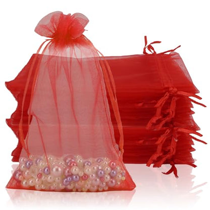 100 Organza Bags, 4x6 inch Mesh Drawstring Bags - Red Sheer Wedding Party Favor Bags for Jewelry, Candy, Party, Christmas, Valentines, Baby Shower - color: Red