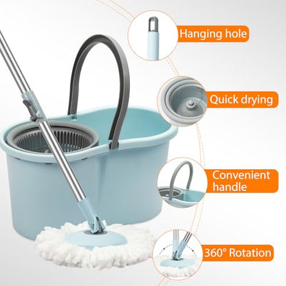 Mop Buckets for Floor Cleaning 360° Spin Wringer Separate Dirty Water with Replaceable Microfiber Mop Head Wet and Dry Suitable for Office and Home Use,Blue