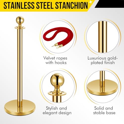 2 Pcs Gold Stanchion Post Queue and 5 Ft Red Velvet Ropes, Stainless Steel Red Carpet Ropes and Poles, Crowd Control Safety Barriers for Parties, Banks, Museums - size: 2 post | 1 rope