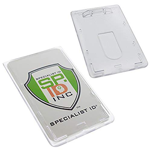Bulk 50 Pack - Slim Heavy Duty Badge Holders - Hard Plastic Frosted Polycarbonate (Holds 1 Card) Rigid Top Load Single Card Case - Vertical Easy Access Thumb Slide & ID Protection by Specialist ID - size: 50 Pack