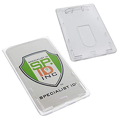 Bulk 50 Pack - Slim Heavy Duty Badge Holders - Hard Plastic Frosted Polycarbonate (Holds 1 Card) Rigid Top Load Single Card Case - Vertical Easy Access Thumb Slide & ID Protection by Specialist ID - size: 50 Pack