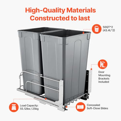 VEVOR Pull-Out Trash Can, 50 QT x2 Double Under Mount Kitchen Waste Container, Heavy Duty Garbage Recycling Bin with Door Kit and Soft Close Slide, for Kitchen Cabinet, Sink, Under Counter (Grey) - size: 100 QT (50 QT x 2), style: With Soft Close