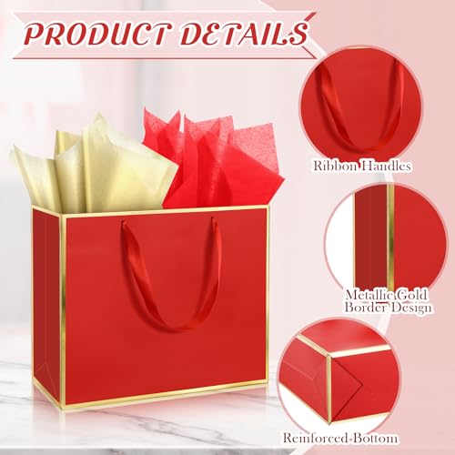ReliThick 12 Pack Paper Gift Bag with Handles & Tissue, Red, Gold - color: Red, Gold