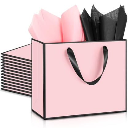 ReliThick 12 Pack Paper Gift Bag with Handles & Tissue, Pink, Black - color: Pink, Black