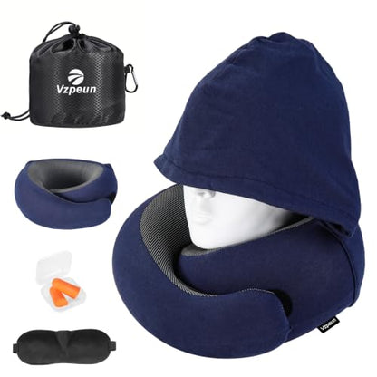 Travel Pillow - Hooded Neck Pillow Airplane Memory Foam Filling - color: Navy