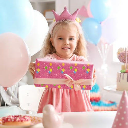 Ulmasinn Reversible Birthday Wrapping Paper Roll - 17" x 16.4 Ft, Double Sided Balloon & Polka Dot for Kids Gifts, Baby Shower, Party - color: Balloon & Pink Birthday