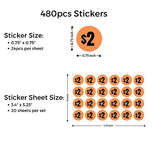 Mobiusea Creation 480pcs 2 Dollar Price Stickers Price Tag Labels 3/4" - size: 2 Dollars | 480pcs