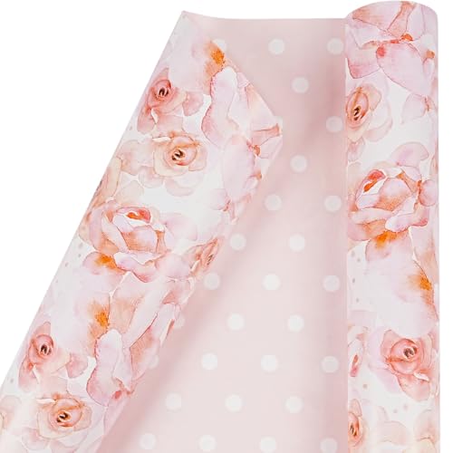 Floral Wrapping Paper Roll, Reversible Pink Wrapping Paper for Women Girls, Pink Rose White Polka Dot Design, Flower Gift Wrap Paper for Birthday Wedding Baby Shower Bridal Shower, 17Inch x 33Feet - color: Pink