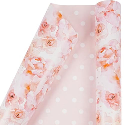 Floral Wrapping Paper Roll, Reversible Pink Wrapping Paper for Women Girls, Pink Rose White Polka Dot Design, Flower Gift Wrap Paper for Birthday Wedding Baby Shower Bridal Shower, 17Inch x 33Feet - color: Pink