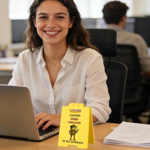 Overstimulated Desk Sign Funny Prank Gift Office Desk Decor Desk Decor Gifts for Women Men Boss employees Humor Desktop Decoration White Elephant Gift Idea Birthday - style: Caution Overstimulated