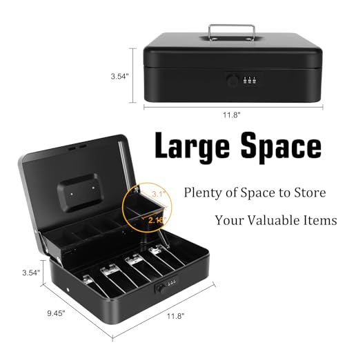 Cash Box with Money Tray and Combination Lock, Large Money Box for Cash Regiser, Safe Lock Box for Money Saving Metal 11.8"x9.45"x3.54" Black XL Large - color: Black with Combination Lock