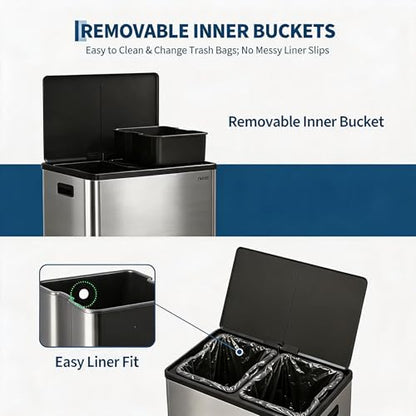 10.5 Gal Dual Compartment Stainless Steel Kitchen Trash Can with Lid, 20L+20L Recycling Garbage Bin, Soft Close Foot Pedal Trash Bin with 2 Removable Inner Buckets, Fingerprint Resistant for Home Offi - color: Stainless Steel, size: 2x5.25Gal