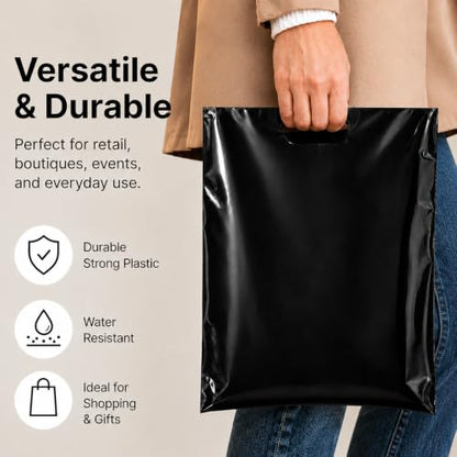 200 Pack Black Plastic Merchandise Bags with Die-Cut Handles, 12" x 15"