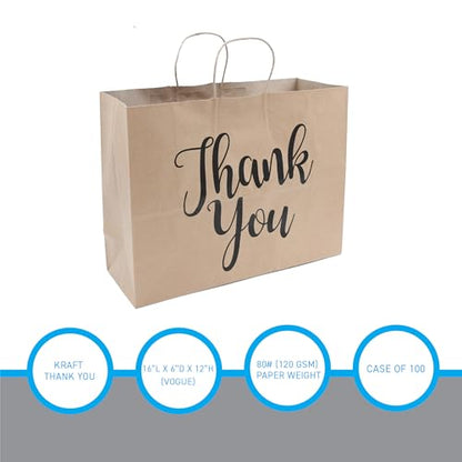 Large Kraft Thank You Paper Shopping Bags - 16”L x 6”D x 12”H - Case of 100