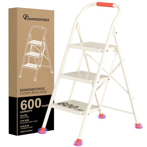 Step Ladder Foldable Folding Stool - for Home Adults Kitchen 3 Stepping Extension Tall Heavy Duty with Handrails - Closet Stepstool Stair Ladders Extendable Stepladder for Indoor House 600Lbs - color: Red and White, size: 3 Step
