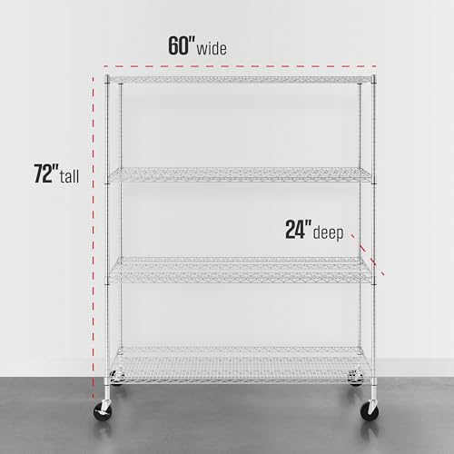 SafeRacks NSF 4-Tier Heavy Duty Steel Wire Rack w/Wheels (24"x60"x72") - color: Silver, size: 24"x60"x72" 4-Tier