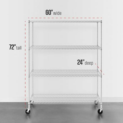 SafeRacks NSF 4-Tier Heavy Duty Steel Wire Rack w/Wheels (24"x60"x72") - color: Silver, size: 24"x60"x72" 4-Tier