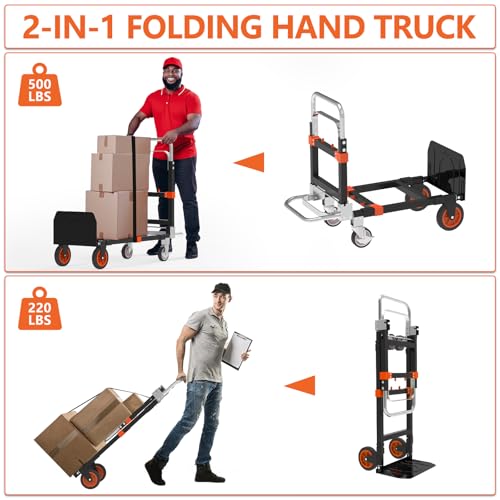 3-in-1 Folding Hand Truck, 500 lb Heavy Duty Steel Dolly - color: Orange