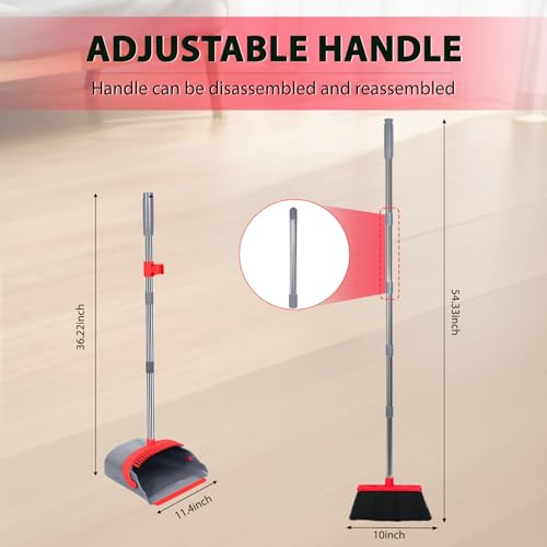 YZO Broom and Dustpan Set, 50.6-Inch Long Handle Standing Design, Dustpan Front Rubber Tight Seal, Broom with 5-Layer Bristles, Suitable for Living Room, Bedroom, Yard, Office and Apartment(Gray&Red) - color: Gray&red