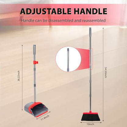 YZO Broom and Dustpan Set, 50.6-Inch Long Handle Standing Design, Dustpan Front Rubber Tight Seal, Broom with 5-Layer Bristles, Suitable for Living Room, Bedroom, Yard, Office and Apartment(Gray&Red) - color: Gray&red