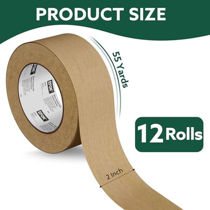 EFOK 12 Rolls Brown Packing Tape Bulk Packaging Kraft Paper Tape 2InX55Yds
