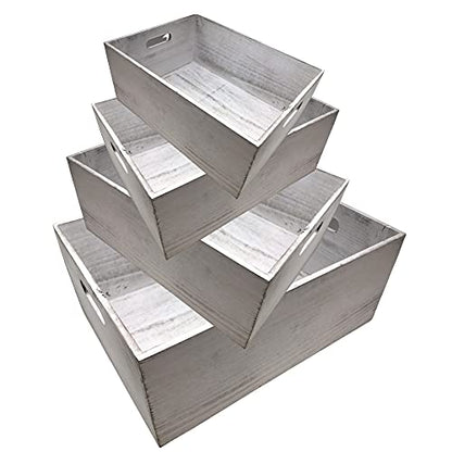 Oojami 4 Pack Nesting Wooden Crates for Display, Whitewashed with Handles - color: Rustic White