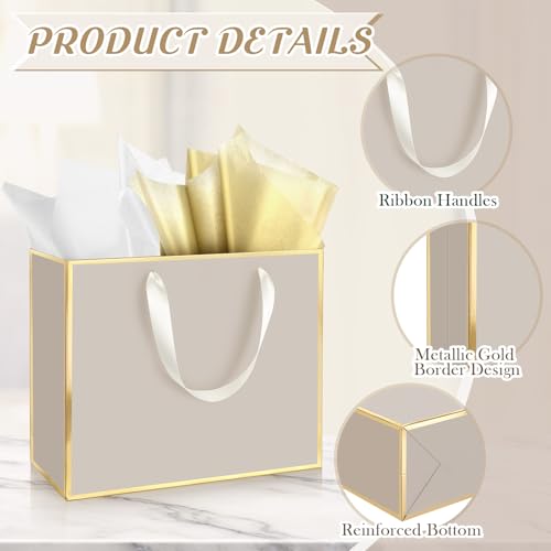 ReliThick 12 Pack Paper Gift Bag with Handles & Tissue, Champagne, Gold - color: Champagne, Gold