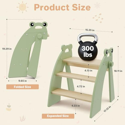 Wooden Step Stool for Toddlers, 3 Foldable Step Stool for Kids Bathroom Sink & Potty Training, Bamboo Toddler Stool with Green Frog Handles and Non-Slip Pads for Bedroom, Kitchen Helper - color: 3 Step Green
