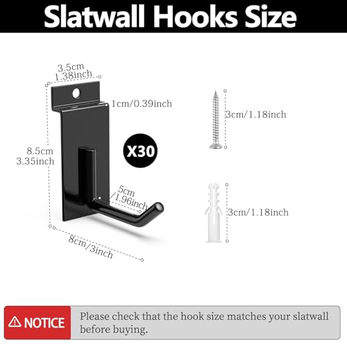 3-H Slatwall Straight Hooks 30PC,3 Inch,Extra Large Thick Backplate - size: 3"x30