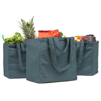 VeraMia Canvas Grocery Bag 3pc XL Set with Real Pockets, Long Shoulder Strap and Short Handle. Heavy Duty, Foldable, Washable - color: Caribbean