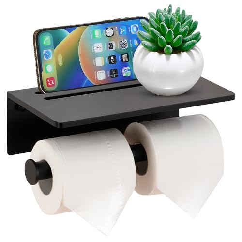 Toilet Paper Holder with Phone Shelf - Aluminum Double Roll Tissue Holder - color: Black-2 Roll