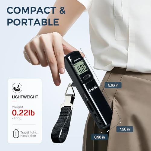 BAGAIL Digital Luggage Scale, 110lbs Hanging Baggage Scale with Backlit LCD Display, Portable Suitcase Weighing Scale, Travel Luggage Weight Scale with Hook, Strong Straps for Travelers - color: Pure Black Battery Free