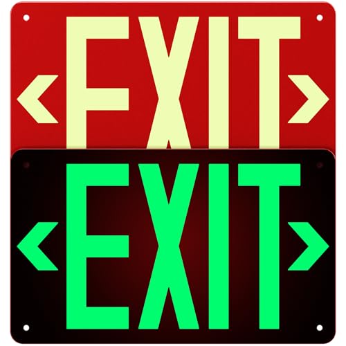 Photoluminescent Aluminum Exit Sign Red Glow in The Dark, 12x7 In Self-Adhesive Backing Emergency Exit Sign Sticker with Removable Arrows, Non-Electrical for 50 Feet Visibility (2 Pack) - color: 2 Pack