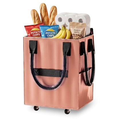Reusable Grocery Bag on Wheel, Foldable Shopping Cart with Wheels, Can Carry up to 88 Pounds, Suitable for Groceries, Laundry, Camping and Moving. - color: Rose Gold - Medium