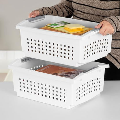 Sterilite Large Stacking Basket Plastic Storage Organizer, White, 4-Pack - size: 4 Pack, style: Large