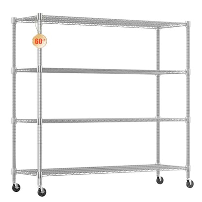 Homdox 4-Tier Heavy Duty Metal Shelves with Wheels - 2400LBS Commercial Adjustable Shelves for Garage, Pantry, Kitchen - 24"x60"x72", Chrome - color: Silver, size: 24"x60"x72"