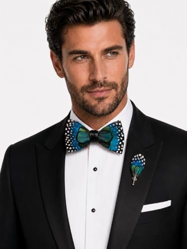 RBOCOTT Handmade Feather Pre-tied Bow tie and Brooch Sets for Men - color: Green/Blue/Black/White