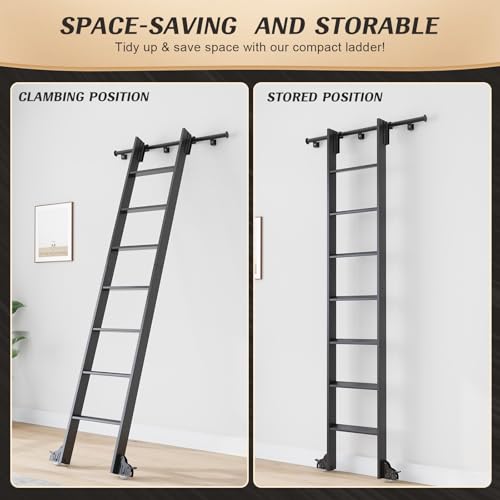Fredbeck Rolling Library Step Ladders 96 inch Tall with 12FT Sliding Hardware Track Kit 7 Steps for Bookshelf wall Home Ladder