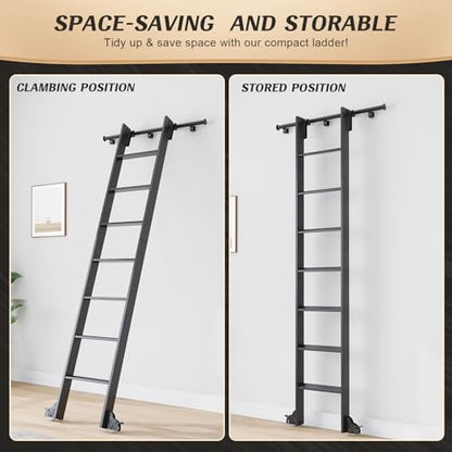 Fredbeck Rolling Library Step Ladders 96 inch Tall with 12FT Sliding Hardware Track Kit 7 Steps for Bookshelf wall Home Ladder