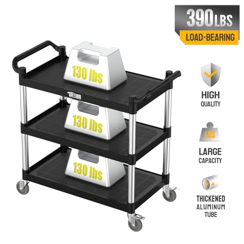 TUFFIOM Plastic Service Utility Cart with Wheels,Heavy Duty 450lbs Capacity, 3-Tier Commercial Rolling, Ideal for Restaurant, Foodservice, Office, Warehouse, Black 39.8''L x 19.1''W x 38.4''H - size: Black 39.8''L x 19.1''W x 38.4''H