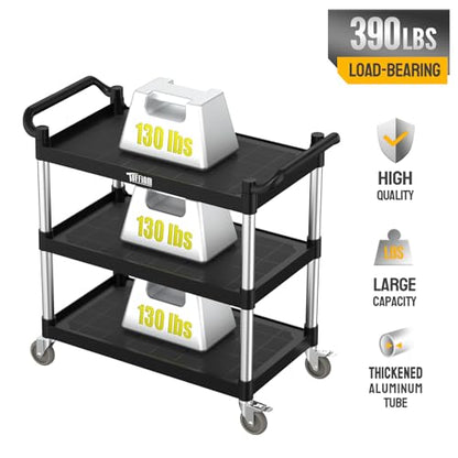 TUFFIOM Plastic Service Utility Cart with Wheels,Heavy Duty 450lbs Capacity, 3-Tier Commercial Rolling, Ideal for Restaurant, Foodservice, Office, Warehouse, Black 39.8''L x 19.1''W x 38.4''H - size: Black 39.8''L x 19.1''W x 38.4''H