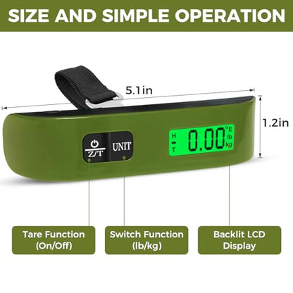 BAGAIL Digital Luggage Scale, 110lbs Hanging Baggage Scale with Backlit LCD Display, Portable Suitcase Weighing Scale, Travel Luggage Weight Scale with Hook, Strong Straps for Travelers - color: Olive Green
