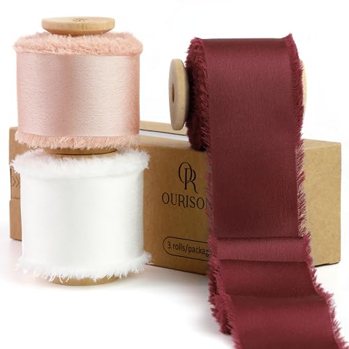 Silk Satin Ribbon 1.5" x 30 Yards Ivory & Champ Pink & Burgundy - color: Ivory& Champagne Pink& Burgundy