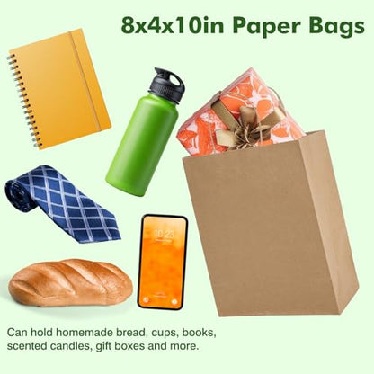 OUTUXED 100pcs 8x4x10in Brown Paper Bags with Handles Kraft Paper Gift Bags - color: Brown 8x4x10in, size: 1 Count (Pack of 100)