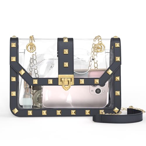 Missnine Clear Bag for Stadium Events Clear Crossbody Purse Stadium Approved Women Transparent Shoulder Bag for Concerts - color: Studs Flap Black