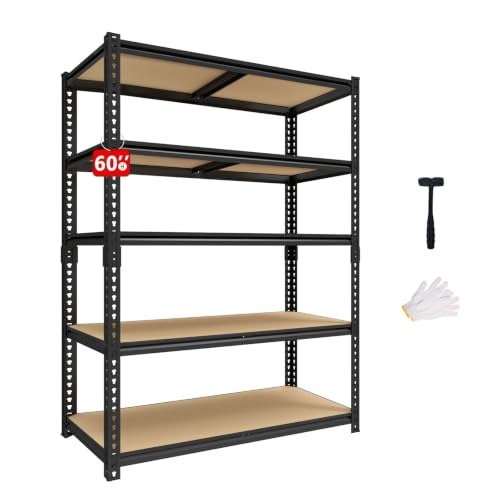 60" H Heavy Duty Storage Shelves, 2400LBS Capacity Metal Shelving Unit, Adjustable Garage Shelves & Organizer with Overlap Design for Home Garage Warehouse Storage Shop,Black
