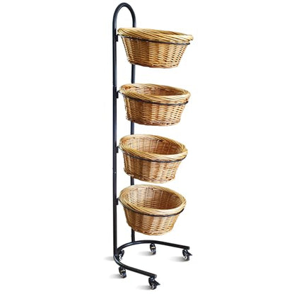 4 Tier Wicker Basket Display Stand for Retail with Wheels and Sign Clips